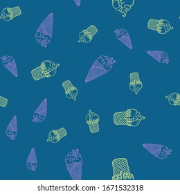 Vector seamless pattern with colorful ice cream symbols. Hand-drawn contour. Background for use in design, website, packaging, textile, fabric.