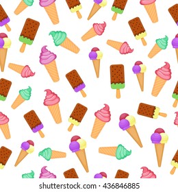 Vector seamless pattern with colorful ice cream. Dessert design. Flat cartoon style. Vector illustration. Collection of sweets. Cartoon flat style