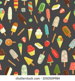 Vector seamless pattern of colorful ice-cream. Bright and cheerful ice-cream cone and popsicles repeat background. Cold summer dessert on dark background. Vintage  doodle style backdrop