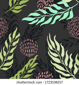 Vector seamless pattern with colorful illustration of exotic leaves. Use it for wallpaper, textile print, pattern fills, web page, surface textures, wrapping paper, design of presentation