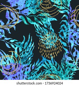 Vector seamless pattern with colorful illustration of exotic leaves. Use it for wallpaper, textile print, pattern fills, web page, surface textures, wrapping paper, design of presentation