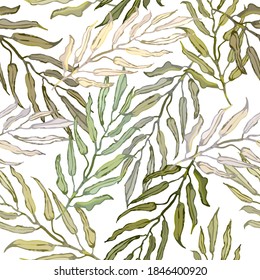 Patrón vectorial sin fisuras con una colorida ilustración de hojas tropicales de palma. Papel tapiz, impresiones textiles, rellenos de patrones, página web, texturas superficiales, papel envolvente, diseño de presentación