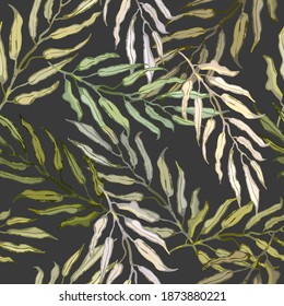 Vector seamless pattern with colorful illustration of tropical palm leaves. For wallpaper, textile print, pattern fills, web page, surface textures, wrapping paper, design of presentation