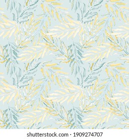 Vector seamless pattern with colorful illustration of tropical palm leaves. For wallpaper, textile print, pattern fills, web page, surface textures, wrapping paper, design of presentation