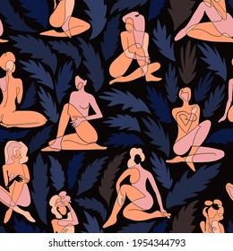 Vektornahtloses Muster mit farbiger Illustration von Silhouette Frauenkörper und exotischen Blättern. Für Tapeten, Stoffdruck, Webseiten, Umhüllungspapier, Gestaltung der Präsentation und anderes Grafikdesign