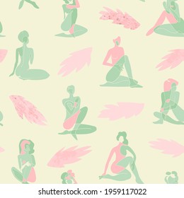 Vector seamless pattern with colorful illustration of silhouette women body and exotic leaves. For wallpaper, textile print, web page, wrapping paper, design of presentation and other graphic design