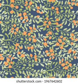 Vector seamless pattern with colorful illustration of cute small flowers on flowering bush. For wallpaper, textile print, pattern fills, web page, surface textures, wrapping paper, design of presentat