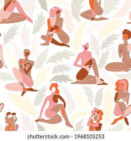 Vektornahtloses Muster mit farbiger Illustration von Silhouette Frauenkörper und exotischen Blättern. Für Tapeten, Stoffdruck, Webseiten, Umhüllungspapier, Gestaltung der Präsentation und anderes Grafikdesign