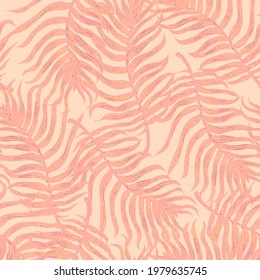 Vector seamless pattern with colorful illustration of tropical palm leaves. For wallpaper, textile print, pattern fills, web page, surface textures, wrapping paper, design of presentation