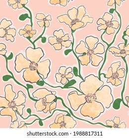 Vector seamless pattern with colorful illustration of beautiful flowers. For wallpaper, textile print, pattern fills, web page, surface textures, wrapping paper, design of presentation, graphic design