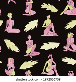 Patrón vectorial sin fisuras, con colorida ilustración del cuerpo de las mujeres de silueta y hojas exóticas. Para papel de pared, impresión textil, página web, papel envolvente, diseño de presentación y otro diseño gráfico