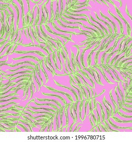 Patrón vectorial sin fisuras con una colorida ilustración de hojas tropicales de palma. Papel tapiz, impresiones textiles, rellenos de patrones, página web, texturas superficiales, papel envolvente, diseño de presentación
