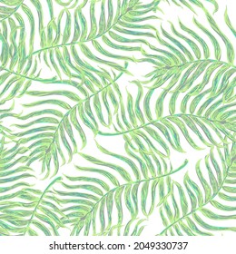 Vector seamless pattern with colorful illustration of tropical palm leaves. For wallpaper, textile print, pattern fills, web page, surface textures, wrapping paper, design of presentation