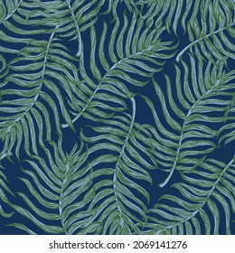 Vector seamless pattern with colorful illustration of tropical palm leaves. For wallpaper, textile print, pattern fills, web page, surface textures, wrapping paper, design of presentation