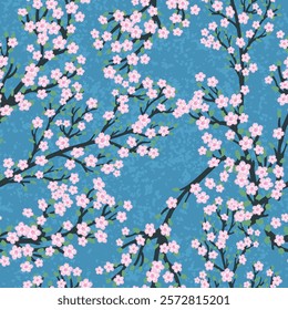 Vector Seamless Pattern with Colorful Illustration of Cherry Blossom on Blue Background