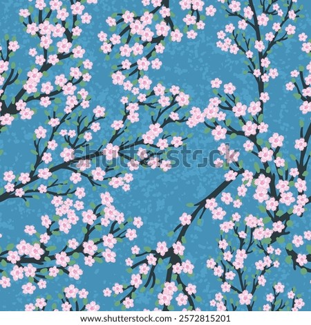 Vector Seamless Pattern with Colorful Illustration of Cherry Blossom on Blue Background