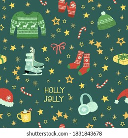 Vector seamless pattern with colorful illustrations of Christmas items. Use it for textile print, pattern fills, web page, wrapping paper, design of presentation and other graphic design