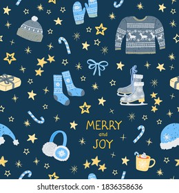 Vector seamless pattern with colorful illustrations of Christmas items. Use it for textile print, pattern fills, web page, wrapping paper, design of presentation and other graphic design