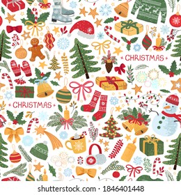 Vector seamless pattern with colorful illustrations of Christmas items. Use it for textile print, pattern fills, web page, wrapping paper, design of presentation and other graphic design