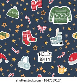 Vector seamless pattern with colorful illustrations of Christmas items. Use it for textile print, pattern fills, web page, wrapping paper, design of presentation and other graphic design