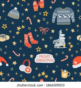 Vector seamless pattern with colorful illustrations of Christmas items. Use it for textile print, pattern fills, web page, wrapping paper, design of presentation and other graphic design