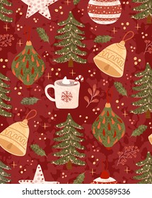 Vector seamless pattern with colorful illustrations of Christmas items. Use it for textile print, pattern fills, web page, wrapping paper, design of presentation and other graphic design