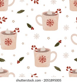 Vector seamless pattern with colorful illustrations of Christmas mug. Use it for textile print, pattern fills, web page, wrapping paper, design of presentation and other graphic design