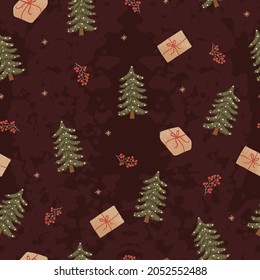 Vektornahtloses Muster mit bunten Illustrationen von Weihnachtsartikeln. Verwenden Sie sie für den Stoffdruck, für Musterfüllungen, Webseiten, Verpackungspapier, Präsentationsdesign und anderes grafisches Design