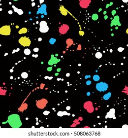 Vector seamless pattern with colorful ink on black background. E