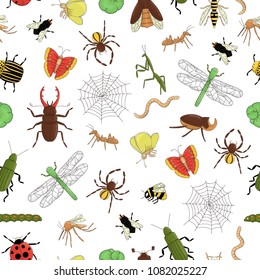 Vector seamless pattern of colorful  insects. Repeat background with isolated bright bee, bumble bee, may-bug, fly, moth, butterfly, caterpillar, spider, ladybug, beetle. Cartoon style illustration