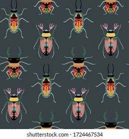 Vector seamless pattern with colorful insects, beetle, bug and hand drawn abstract texture. Trendy endless background