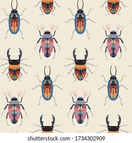 Vector Seamless Pattern With Colorful Insects, Beetle, Bug And Hand Drawn Abstract Texture. Trendy Endless Background