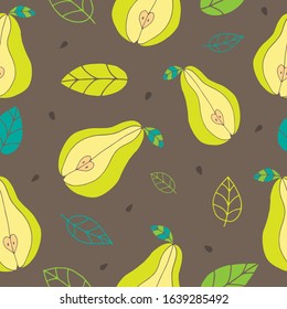 Vector seamless pattern with colorful isolated doodle pears and leaves on dark background.