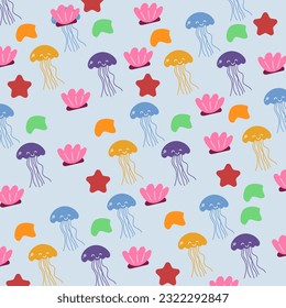 Vector seamless pattern with colorful jellyfish in cartoon style Jellyfish pattern and beautiful ocean underwater animals