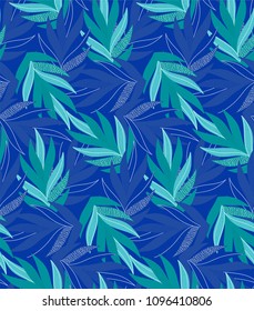 Vector seamless pattern with colorful jungle leaves in green and blue palette. Summer design with leaves. Simple vector flora. Pattern for kids, fabric, textile, wallpaper, kids goods.