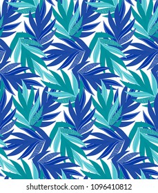 Vector seamless pattern with colorful jungle leaves in green and blue palette. Summer design with leaves. Simple vector flora. Pattern for kids, fabric, textile, wallpaper, kids goods.