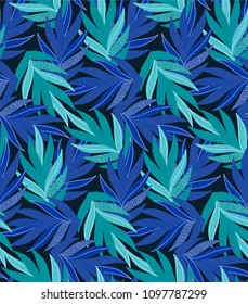 Vector seamless pattern with colorful jungle leaves in green and blue palette. Summer design with leaves. Simple vector flora. Pattern for kids, fabric, textile, wallpaper, kids goods.