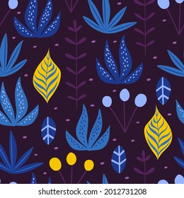 Vector seamless pattern with colorful leaves, plants and flowers in flat doodle style, vivid blue, yellow and purple colors