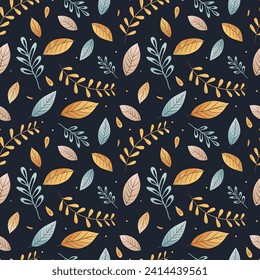 Vector seamless pattern of colorful leaves. Dark background, vector floral pattern.