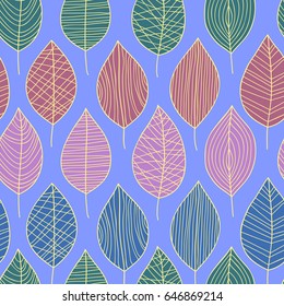 Vector seamless pattern with colorful leaves on blue background. 