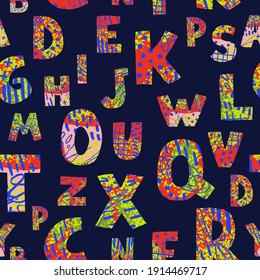 Vector seamless pattern with colorful letters on dark background. Alphabet. Can be used for wallpaper, pattern fills, web page, surface textures, textile print, wrapping paper, design presentation