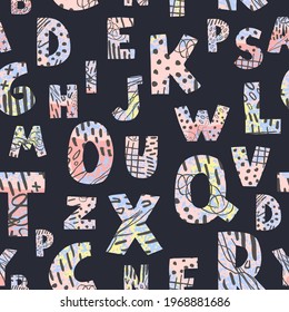 Vector seamless pattern with colorful letters on dark background. Alphabet. Can be used for wallpaper, pattern fills, web page, surface textures, textile print, wrapping paper, design presentation