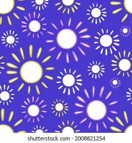 Vector seamless pattern colorful lined design of abstract lined sun in pastel colors on blue. The design is perfect for backgrounds, textiles, wrapping paper, wallpaper, decorations and surfaces