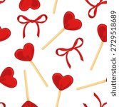 Vector seamless pattern of colorful lollipops in the shape of hearts with bows. Design for labels, wallpapers and backgrounds. Image with sweet candies.