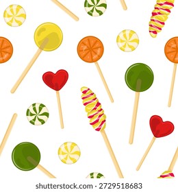 Padrão de vetor sem emenda com chupa-chupas coloridos de vários sabores. Design para rótulos e planos de fundo. Imagem com doces doces.