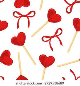 Vector sin patrón de piruletas de colores en forma de corazones con arcos. Diseño para rótulos, Fondos de pantalla y fondos. Imagen con dulces.