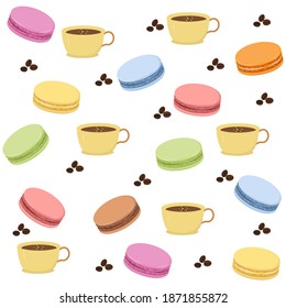 Vector seamless pattern with colorful macaroon and coffee. Sweet vector print.