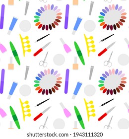 Vector seamless pattern of colorful manicure and pedicure tools on a white background