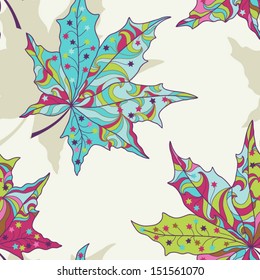 Vector seamless pattern with colorful maple leaves.