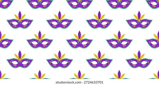 Vetor padrão sem costura com máscara de mardi gras colorida com pena em roxo, verde e amarelo no fundo branco. Máscara de máscara de carnaval festivo. Papel de embrulho de festa, tecido, design de celebração.